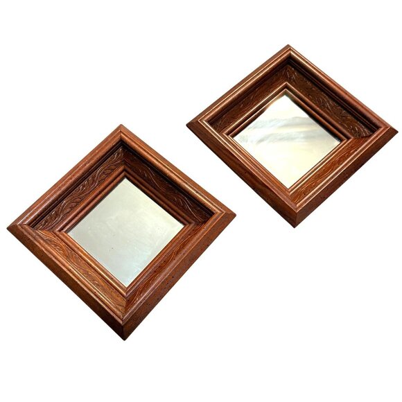 Wooden Framed Carved Sunken Wall Mirror Set of 2 Gallery Wall VTG Square Diamond - Picture 1 of 16